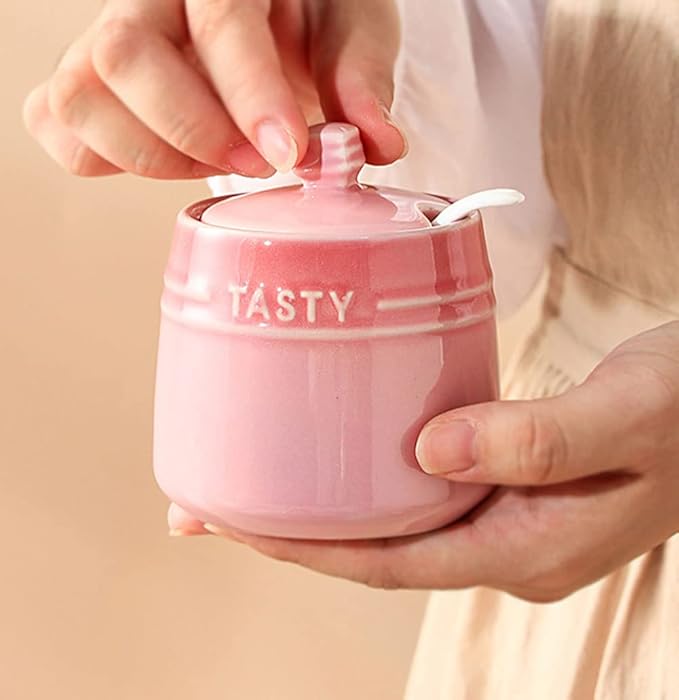 Colourful Ceramic Spice Jar Seasoning Box Condiment Pot Sugar Bowl with Lid Spoon-Pink
