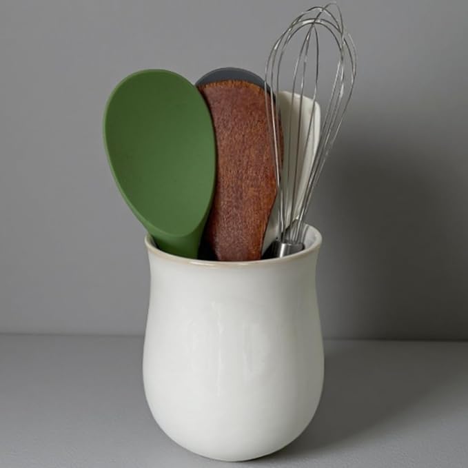 Short Kitchen Utensil Holder for Kitchen Counter, Ceramic Small Utensil Crock & Vase & Holder for Cutlery Spatula Brush Silverware Cooking Utensil Holder (Retro White)