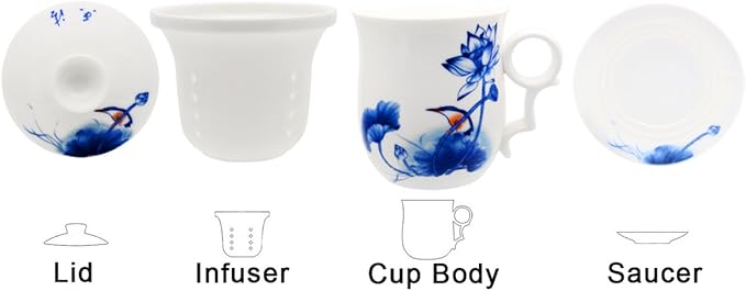 Porcelain Tea Cup with Infuser Lid and Saucer Sets - Chinese Jingdezhen Ceramics Coffee Mug Teacup Loose Leaf Tea Brewing System for Home Office