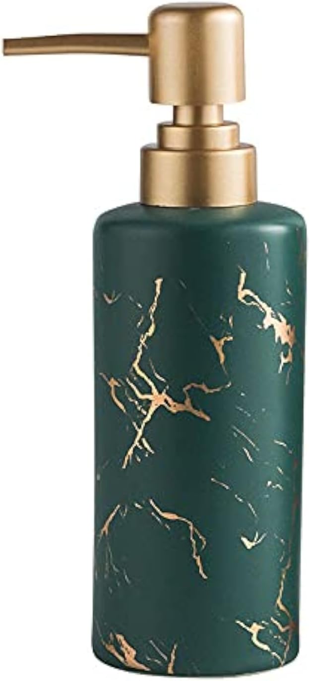 Gold Soap Dispenser for Bathroom or Kitchen, Skinny Ceramic Lotion Bottle with Marble Pattern, Rust-Free Pump(Dark Green)