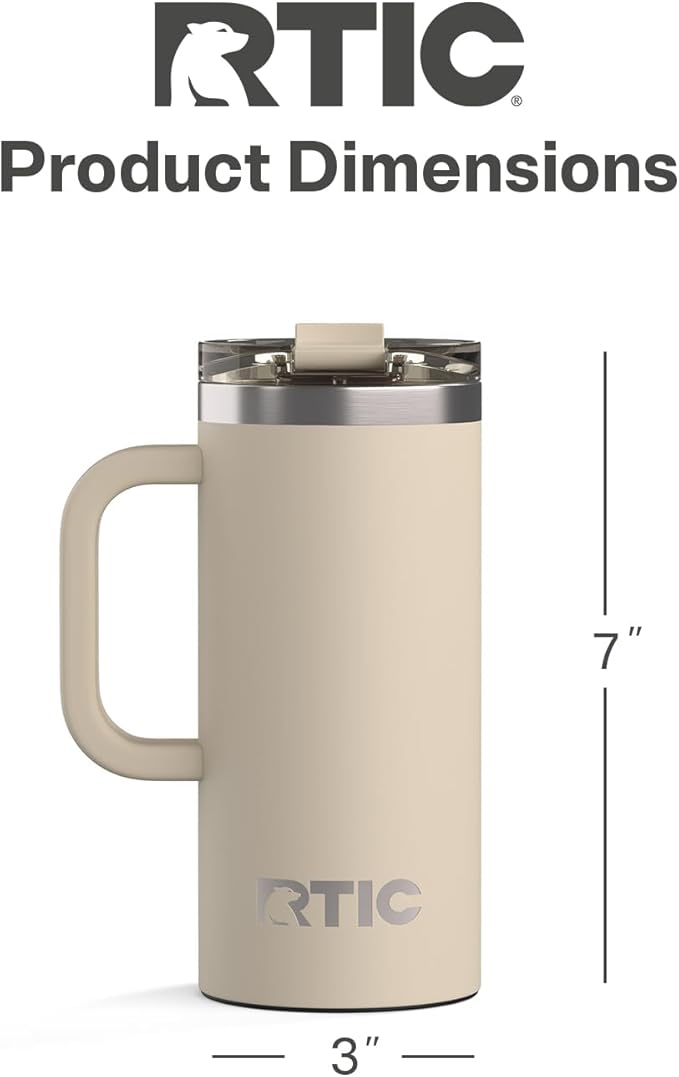 RTIC 16oz Road Trip Travel Mug with Lid and Handle, Ceramic Lined, Insulated, Stainless Steel, Metal, Double Wall Vacuum-Insulation, Portable Coffee, Tea Cup for Hot and Cold Drink, Beach