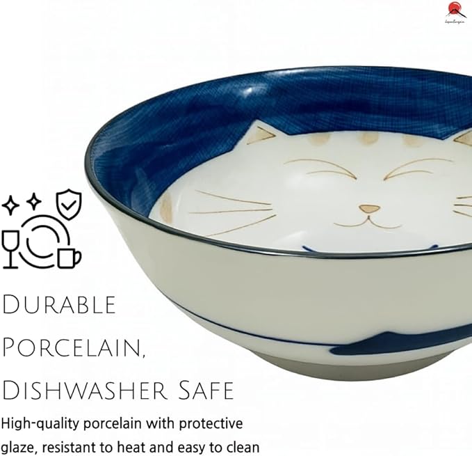 JapanBargain, Set of 4 Japanese Porcelain Bowls, Large 7.5 Inch Ramen Udon Noodle Rice Soup Pho Poke Cereal Bowl, Maneki Neko Smiling Lucky Cat Pattern, Blue, Made in Japan