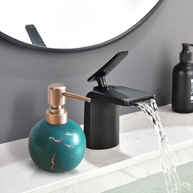 Gold Soap Dispenser for Bathroom or Kitchen, Cute Marble Round Ceramic Lotion Bottle, Rust-Free Pump(Dark Green)