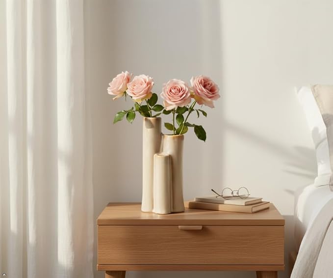 Ceramic Bud Vase, Sculptural Triple Tube Vase in Cream White for Modern Farmhouse & Minimalist Shelf Decor
