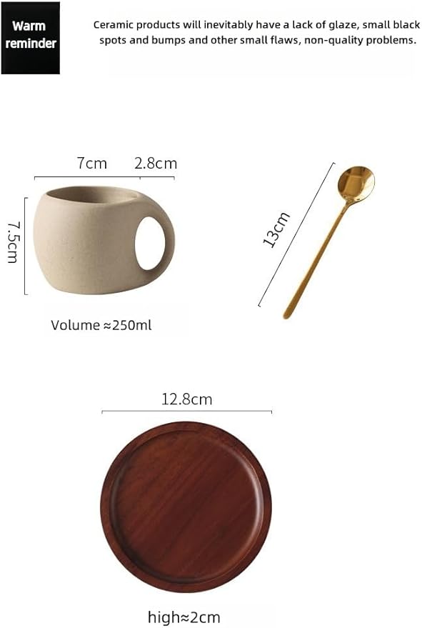 1pcs-Ceramic Coffee Cup Sets (250ML, 7*9.8*7.5cm), Japanese Style Hot Tea Cup, Coarse Earthenware Latte Cup, Includes Cup Saucer and Spoon, Suitable for Home, Restaurant, Tea Party, etc.
