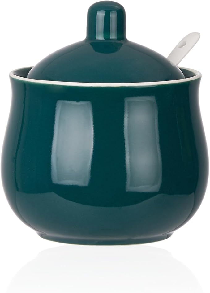 Ceramic Sugar Bowl with Lid and Spoon, Green Porcelain Sugar Salt Pepper Storage Jar, 12 Ounces