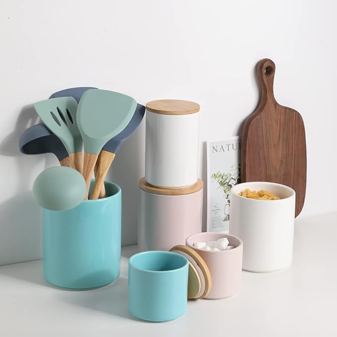 Sweejar Kitchen Canisters Ceramic Food Storage Jar Set, Stackable Containers with Airtight Seal Wooden Lid for Serving Ground Coffee, Tea, Herbs, Grains, Sugar, Salt - Set of 4 (Turquoise)