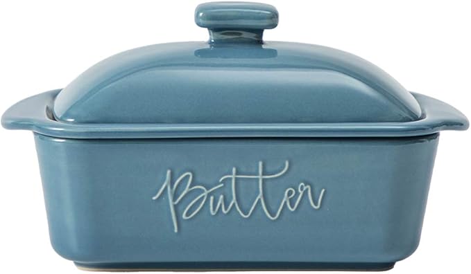 FE Butter Dish, 10 oz Ceramic Butter Keeper with Water Line, French Butter Dish with Lid for Countertop (Blue)