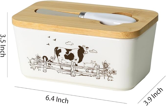 WAIT FLY Cow Ceramic Butter Dish with Bamboo Lid and Knife, 2 Sticks Butter Dish Butter Container Keeper for Kitchen Countertop, Home Decorative-Cow