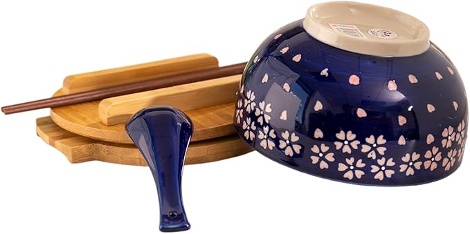 Urban Tokyo Japanese Kamameshi Style Ceramic Glazed Japanese Ramen Udon Pho Noodle Bowl With Spoon, Bamboo Lid, Chopsticks and Trivet 5 Piece Set (Sakura Cherry Blossoms)