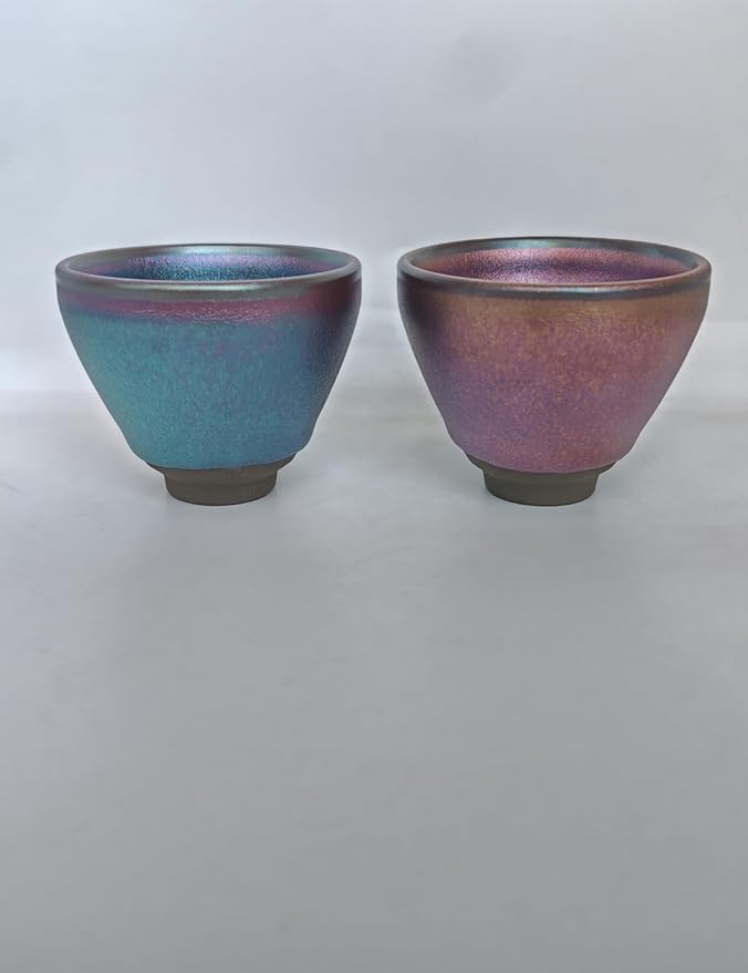 Jianzhan Ceramic Teacup, Kung Fu Tea Set, 80ml /2.71 oz Small Cup, Tenmokus Tea Cup Kiln Fired and Kiln Change Pattern and color, Yerba Mate Cup Set of 2