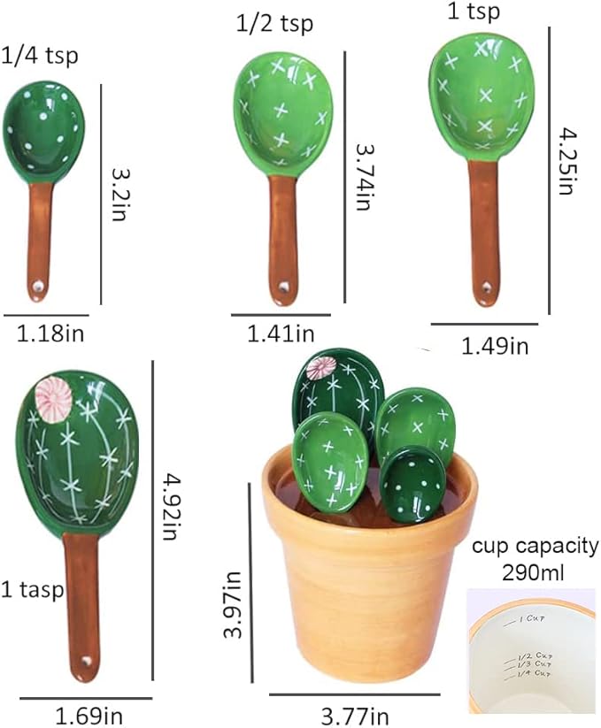 Cactus Measuring Spoons Set in Pot Ceramic Cute Measuring Cups and Spoons Unique Baking Gifts for Dry Wet Ingredients Dishwasher Safe 1 Tbsp 1 TSP 1/2 TSP 1/4 TSP 1 Cup Green