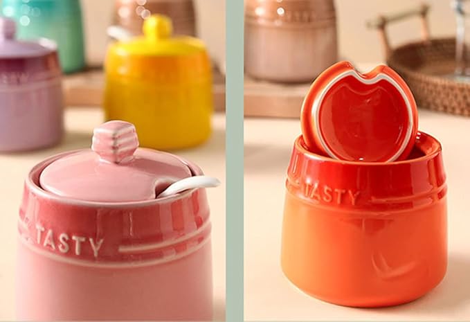 Colourful Ceramic Spice Jar Seasoning Box Condiment Pot Sugar Bowl with Lid Spoon-Orange