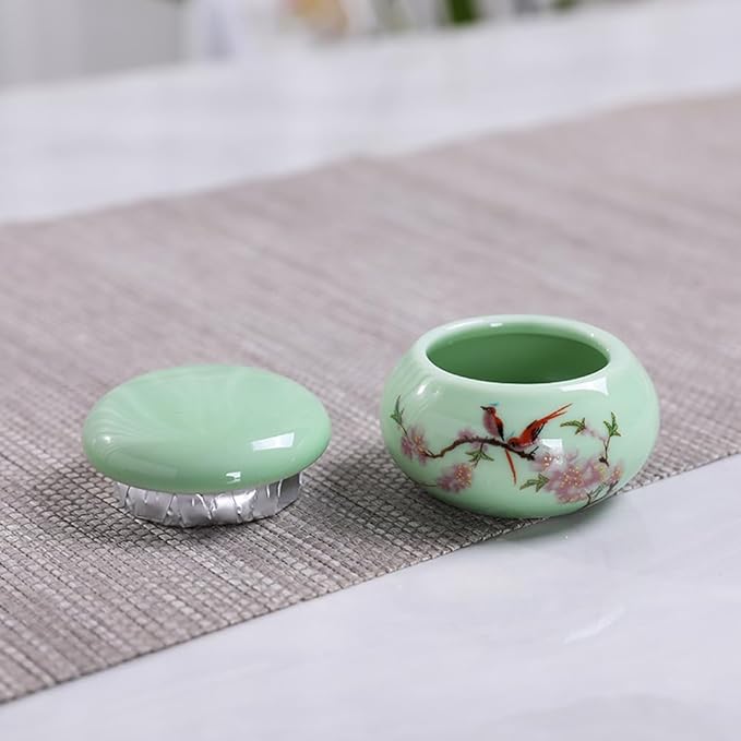 2Pcs Empty Mini Cute Ceramic Bottle Canisters Flower Pattern Portable Travel Loose Tea Pot Jar Contanier with Lid for Storage Spices Powder Cream Lotion Loose Tea, Green