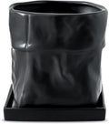 Nihow Ceramic Plant Pot: 6 Inch Planter with Drainage Hole & Square Saucer for Herbs/Plants, Bag Shape Design Flower Pot for Indoor & Outdoor Garden Decor - Black