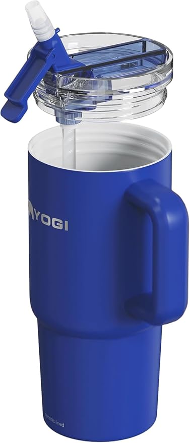 YOGI Ceramic Lined Metal Allergy Safe 24oz Tumbler with Handle and Straw Leakproof Flip & Sip Lid Vacuum Insulated Stainless Steel Travel Cup for Iced Coffee Water and All-Day Hydration 24oz Indigo