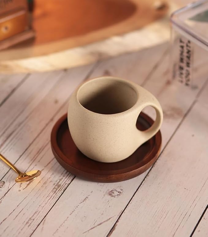 1pcs-Ceramic Coffee Cup Sets (250ML, 7*9.8*7.5cm), Japanese Style Hot Tea Cup, Coarse Earthenware Latte Cup, Includes Cup Saucer and Spoon, Suitable for Home, Restaurant, Tea Party, etc.