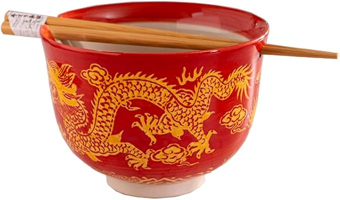 Urban Tokyo Handpainted Ceramic Glazed Japanese Ramen Udon Noodle Rice Bowl With Chopsticks 20 fl oz 5 inch Diameter Bowl Sets Color Box Packaging (Oriental Dragon Red)