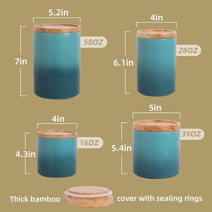 Sweejar Kitchen Canisters Ceramic Food Storage Jar Set, Stackable Containers with Airtight Seal Wooden Lid for Serving Ground Coffee, Tea, Herbs, Grains, Sugar, Salt - Set of 4 (Gradient Blue)