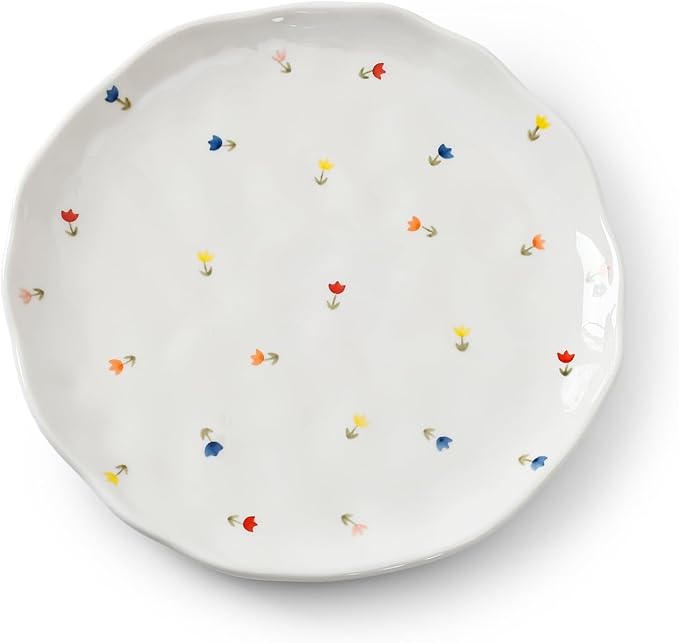 Koythin Ceramic Dessert Plates, Cute Fruits Dinner Plate, Creative Plates Design, Printed Flowers Dinnerware for Office and Home, Kitchen Plates for Desserts (Tulip Small Floral)