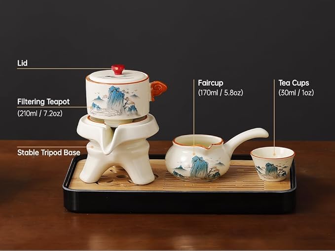 Semi Automatic Tea Set Magic Teapot with 6 cups Japanese Teapot Set,Chinese Gongfu Tea Set Ceramic Teapot with Infuser (Jiangshan-Automatic)