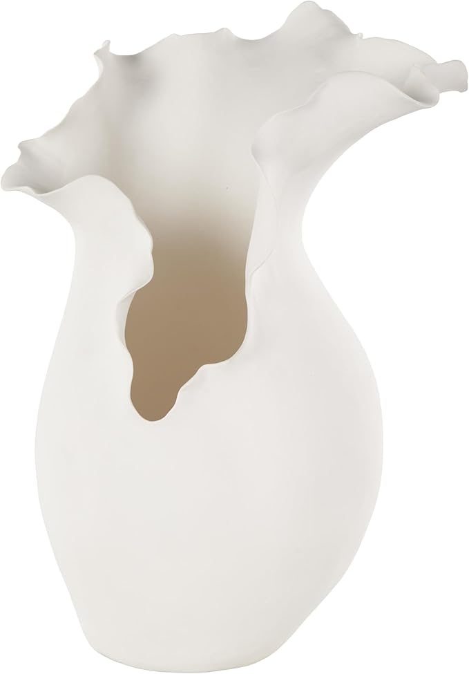 Deco 79 Ceramic Abstract Decorative Vase Floral Inspired Centerpiece Vase with Wavy Edge, Flower Vase for Home Decoration 9" x 9" x 15", White