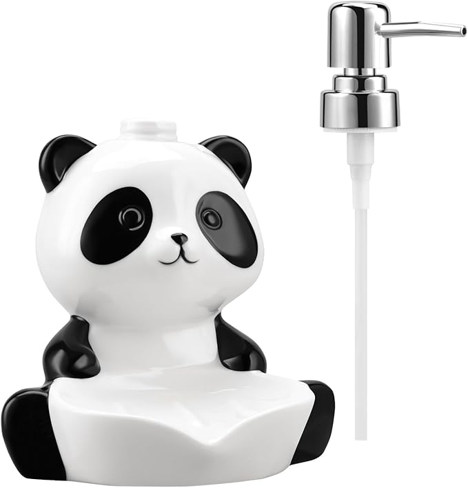 Ceramic Soap Dispenser 12 Oz Cute Panda Shape Lotion Hand Pump Dispensers with Soap Holder for Bathroom Kitchen