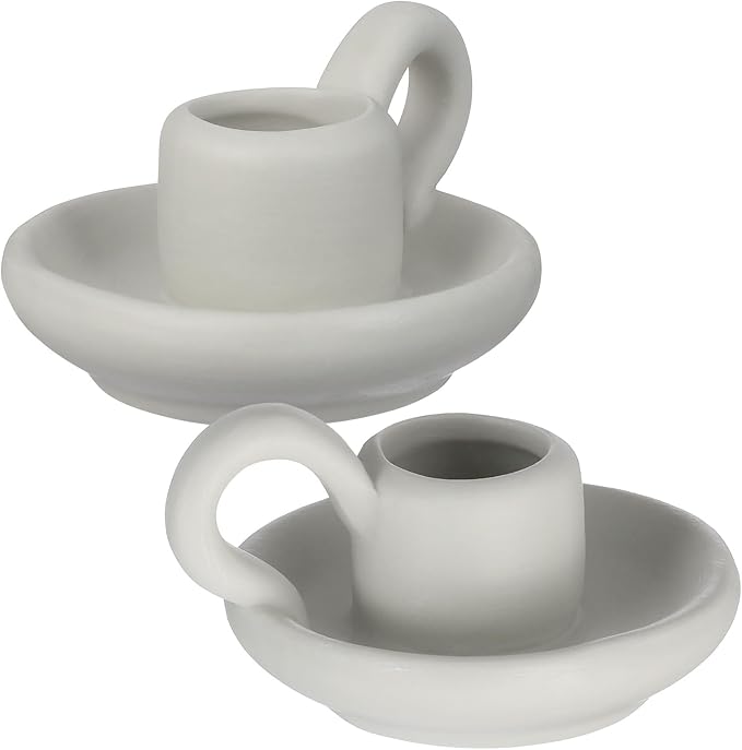 DOITOOL Ceramic Candle Holder with Handle White Taper Candle Holder Nordic Style Ceramic Candlestick Holders for Wedding Halloween Christmas Table Decoration Display (9.5 x 7cm) 2PCS