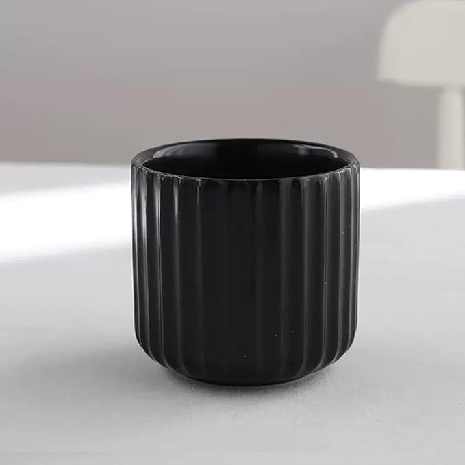 Nordic Ceramic Mug, Japanese Tea Cup 6oz Striped Cup No Handle Drinking Cup for Latte Milk Water Beverage Juice Microwave and Dishwasher Safe, Minimalist coffee Cup, Matte Black