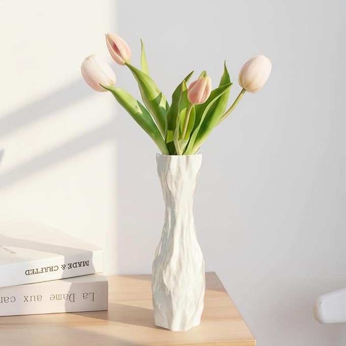 White Sculptural Ceramic Vase, Modern Irregular Shape Decorative Vase for Home Decor, Minimalist Artistic Tabletop Centerpiece for Living Room Bedroom Office