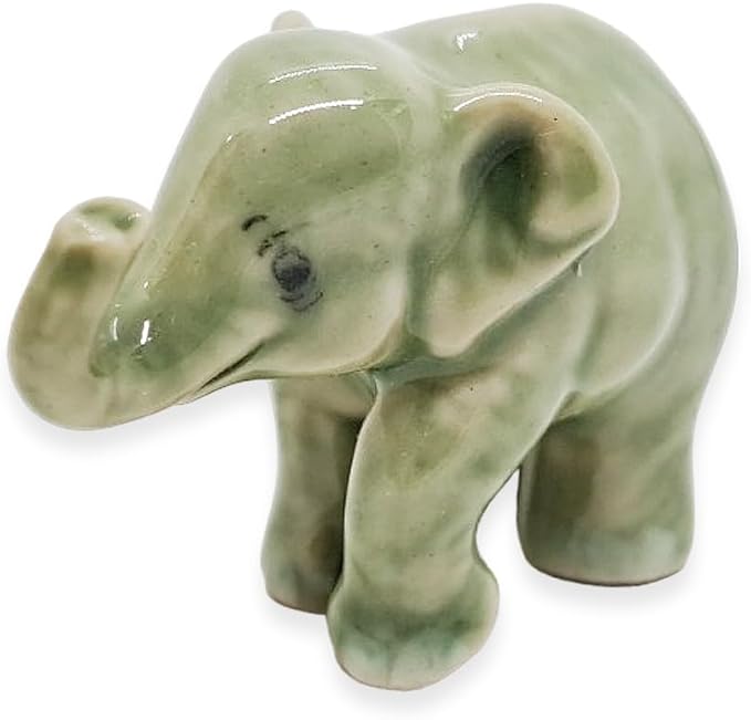 ChangThai Design Tiny 1" Light Gray Baby Elephant Stand Lift Trunk Figurine - Miniature Hand Made Painted Ceramic Asian Elephants Cute Wild Animals Porcelain Decorative Collectible Figures Décor Gifts