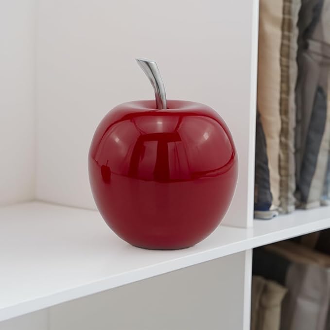 Modern Day Accents 3462 Manzano Red Apple, Fruit Decor, Teacher Gifts, School, Apple Office Desk Home with Silver Stem, Sculpture, Aluminum, 6" Lx6 Wx8 H