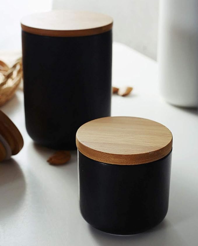 Ceramic Pure Color Sugar Bowl Spice Jar Storage Pot with Wooden Lid,25oz