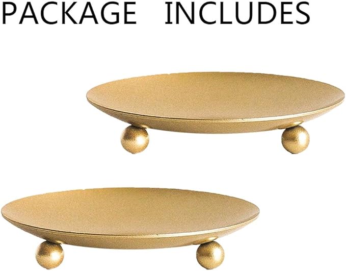 Gold Iron Plate Candle Holder, Decorative Iron Pillar Candle Plate, Set of 2, 4.37 inches D x 0.78 inches H, Pedestal Candle Stand for LED & Wax Candles, Incense Cones, Spa, Weddings (2 pcs)