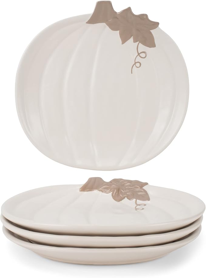 Nat & Jules Pumpkin Shaped 8 x 8 Inch Ceramic Small Dining Plates: Perfect for Thanksgiving, Halloween and Indoor Fall Table Décor & Service - Set of 4, White