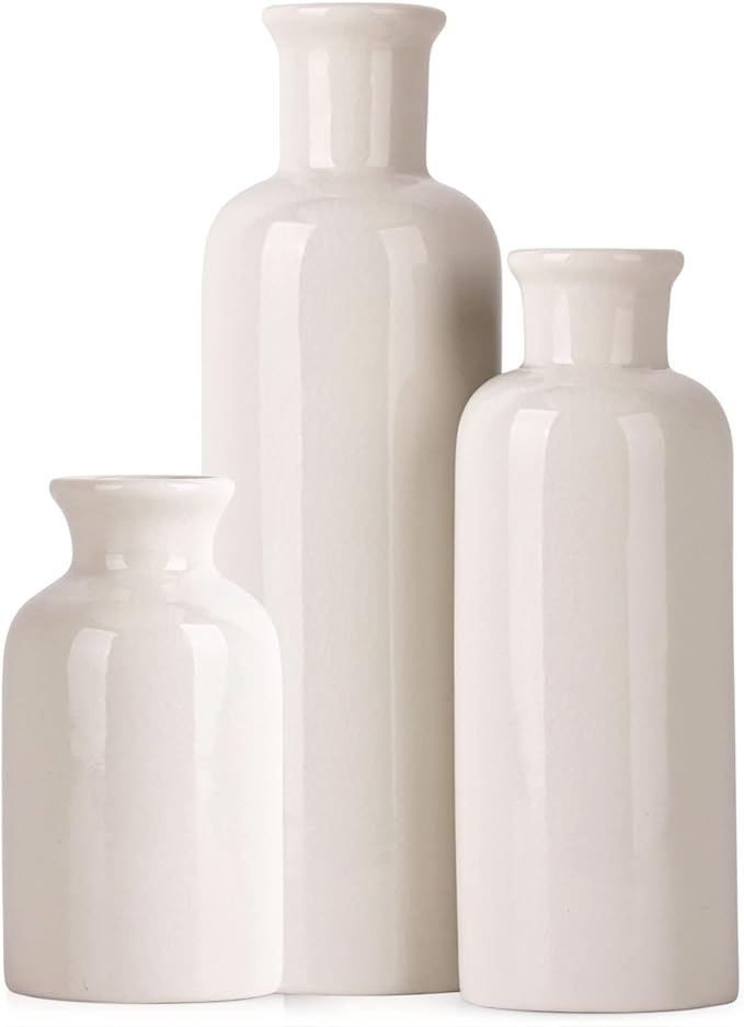 White Ceramic Vase Set - 3 White Small Vases, Farmhouse Country Flower Vase Home Decor, Living Room Decoration, Table Decoration, Fireplace Decor, and Entrance Decorations Centerpieces