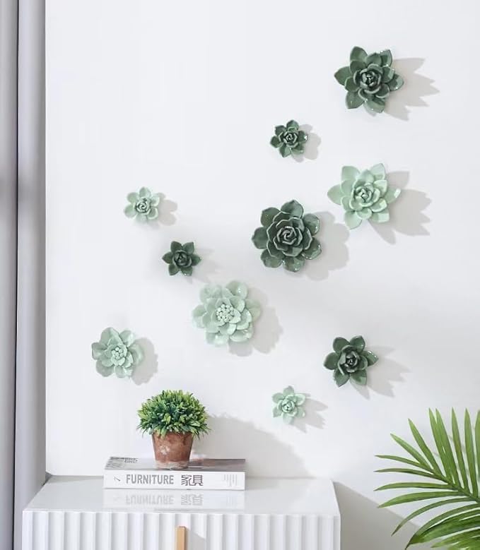 Snow Lotus，3.54" Ceramic Flower Wall Art, Artificial 3D Flower Wall Art, Handmade 3D Wall Art Hanging Sculpture, Porcelain Flower Wall Decoration for Home Office Decor (Light Green)