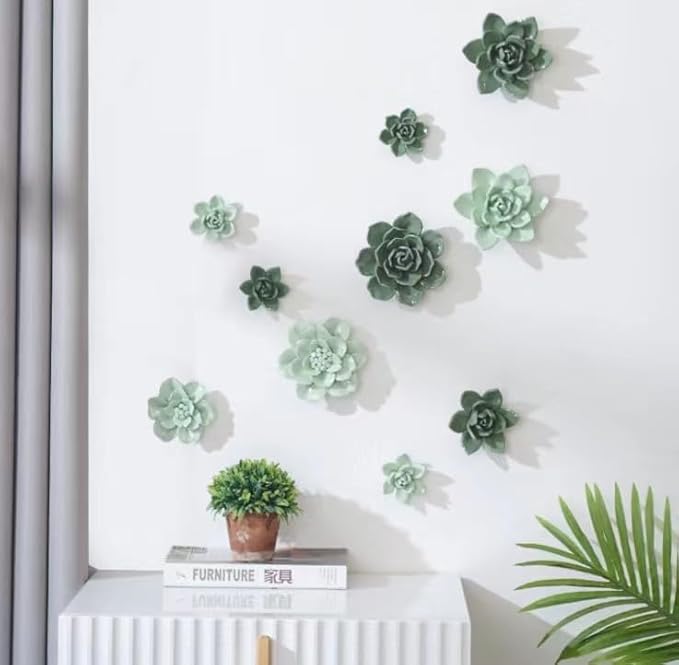 Snow Lotus，2.76" Ceramic Flower Wall Art, Artificial 3D Plant, Handmade 3D Wall Art Hanging Sculpture, Porcelain Flower Decoration for Home Office Decor (Dark Green)