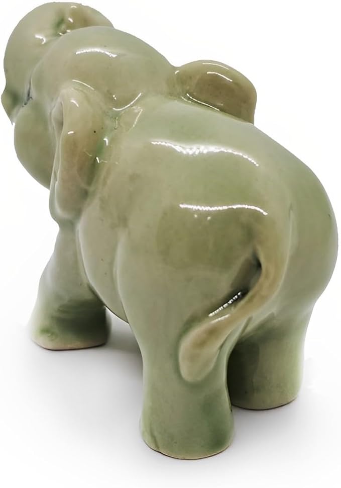 ChangThai Design Tiny 2½" Green Baby Elephant Curling Up Trunk Figurine - Miniature Hand Made Painted Ceramic Asian Elephants Cute Wildlife Animals Porcelain Decorative Collectible Figures Décor Gifts