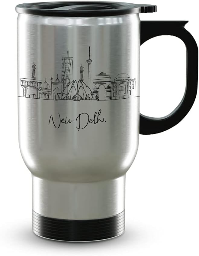 New Delhi Skyline Steel Mug, Asia Skyline 14oz Travel Mug with Handle & Lid Custom Travel Tumblers, Gift For Birthday, Spill Resistant Tumblers for Women, Personalized Tumbler