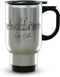 New Delhi Skyline Steel Mug, Asia Skyline 14oz Travel Mug with Handle & Lid Custom Travel Tumblers, Gift For Birthday, Spill Resistant Tumblers for Women, Personalized Tumbler