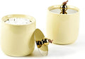 Ceramic Qtip Holder Dispenser with Gold Lids 2 Pack, Yellow Apothecary Jars Bathroom Vanity Organizer for Home Decor Bathroom Canister for Cotton Swabs, Rounds, Balls, Makeup Sponges, Bath Salts