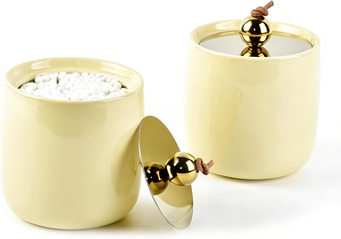Ceramic Qtip Holder Dispenser with Gold Lids 2 Pack, Yellow Apothecary Jars Bathroom Vanity Organizer for Home Decor Bathroom Canister for Cotton Swabs, Rounds, Balls, Makeup Sponges, Bath Salts