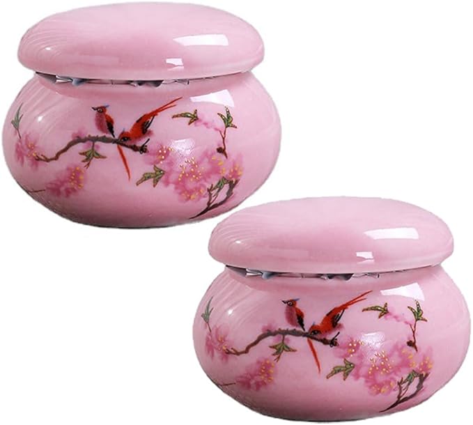 2Pcs Empty Mini Cute Ceramic Bottle Canisters Flower Pattern Portable Travel Loose Tea Pot Jar Contanier with Lid for Storage Spices Powder Cream Lotion Loose Tea, Pink