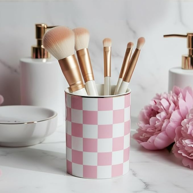 Ceramic Toothbrush Holder Toothpaste Holders, Cute Bathroom Tumbler Cups Reusable,Checkered Bathroom Counter Decor Organizer, Makeup Brush Holder,Pen Holder (Pink)