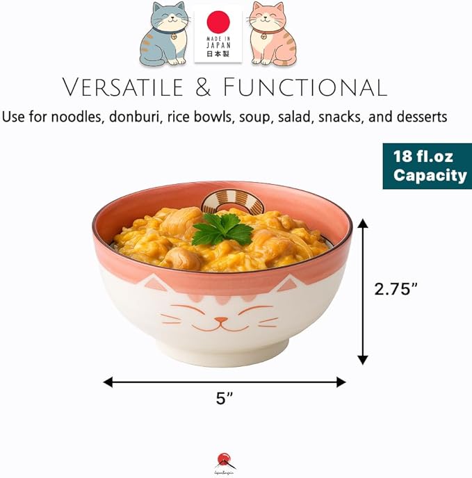 JapanBargain 2483, Japanese Porcelain Ramen and Soup Bowl Set, Maneki Neko Smiling Cat Pattern, 5-Inch, Pink, Made in Japan (Set of 4)