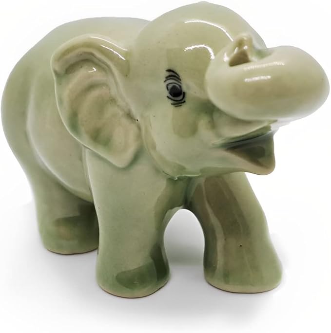 ChangThai Design Tiny 2½" Green Baby Elephant Curling Up Trunk Figurine - Miniature Hand Made Painted Ceramic Asian Elephants Cute Wildlife Animals Porcelain Decorative Collectible Figures Décor Gifts