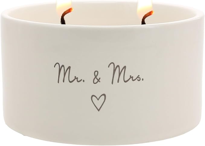 Pavilion Gift Company - Mr & Mrs - 10 oz Soy Wax Ceramic Vessel Candle Housewarming Apartment-Warming Engagement Groom Bride Newlywed Husband Wife Wedding Day Gift Present Neutral Home Decor