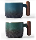 Ceramic Espresso Cups with Wooden Handle Espresso Shot Cups Ceramic Tea Cups Porcelain Demitasse Cups for Coffee or Tea, 2oz (blue&green, 2)