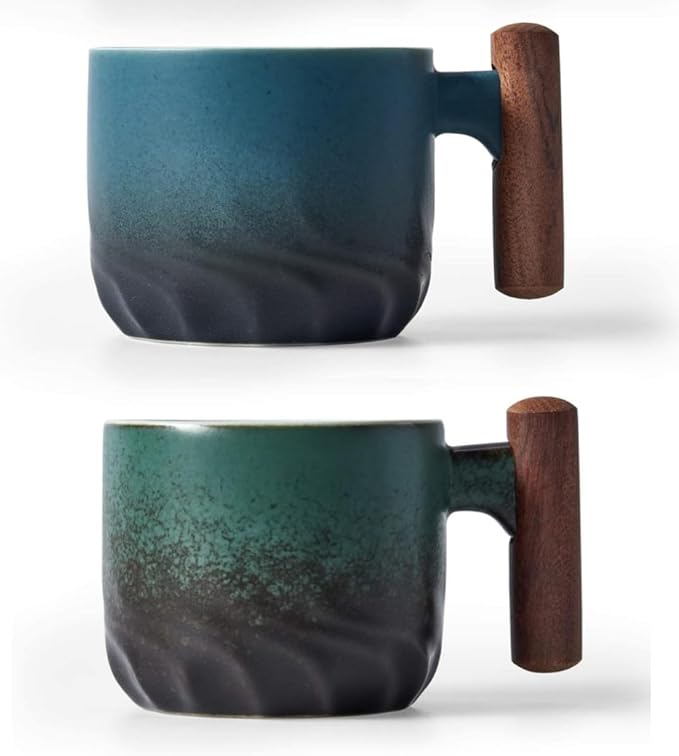 Ceramic Espresso Cups with Wooden Handle Espresso Shot Cups Ceramic Tea Cups Porcelain Demitasse Cups for Coffee or Tea, 2oz (blue&green, 2)